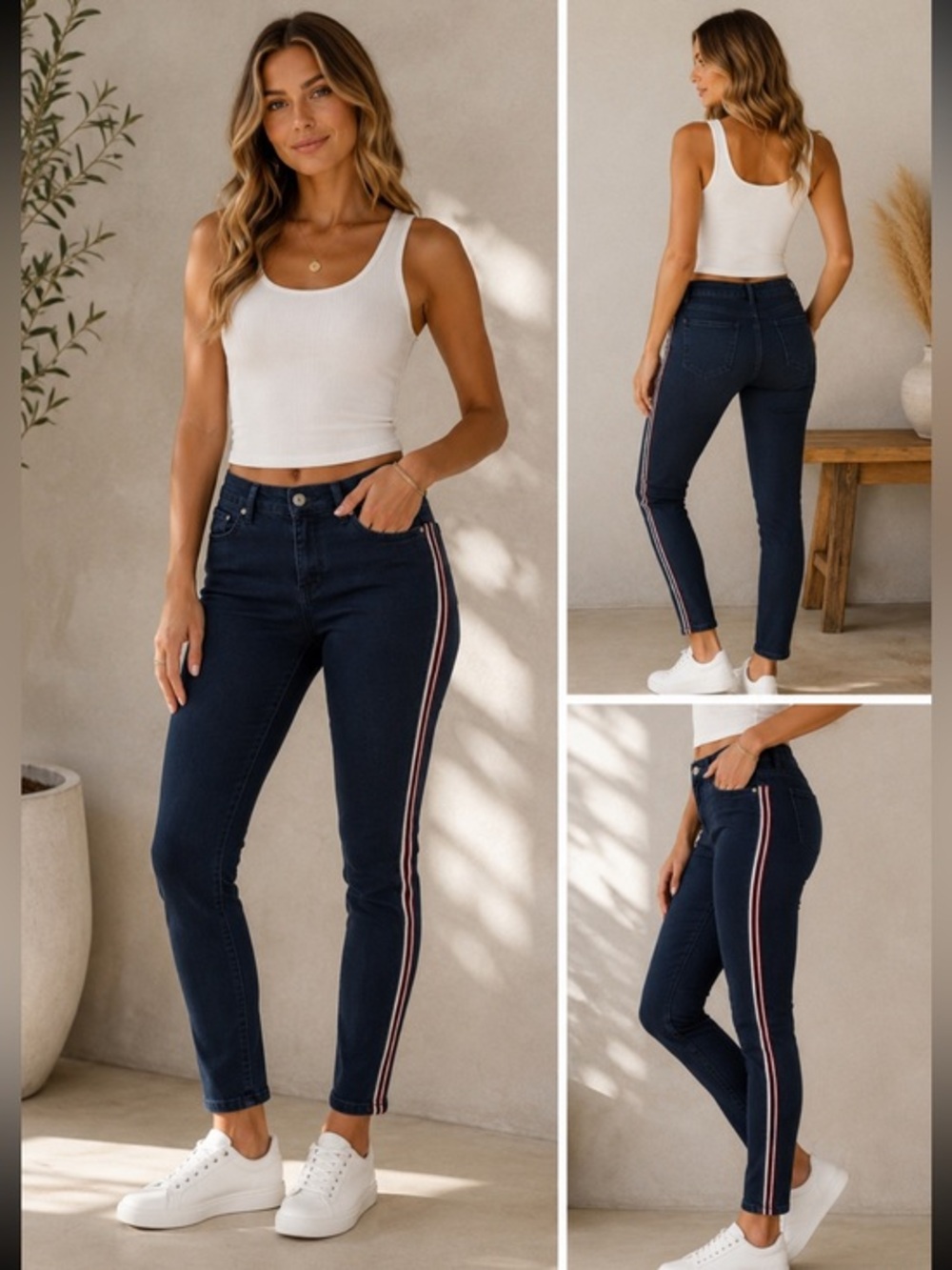 Zara Basic Z1975 Navy Side Stripe Skinny Jeans Women’s Blue Stretch Denim Pants